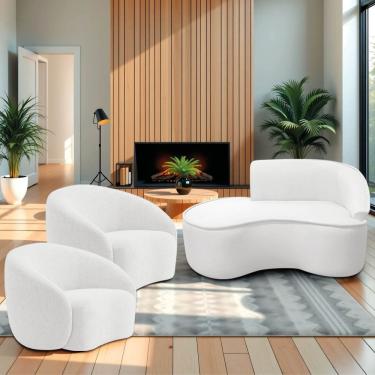 Imagem de Kit Divã Recamier Orgânico Marrocos 150cm Lado Esquerdo E 2 Poltronas Amore Bouclé Branco
