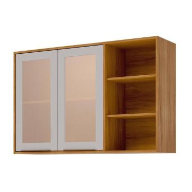 Imagem de Armário Aéreo Cozinha Brilhante 120CM 2 Portas MDF Bater Cinamomo Off White