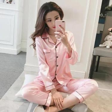 Imagem de Conjunto de Pijamas de Seda Sexy Feminino - Manga Longa e Cardigan - C