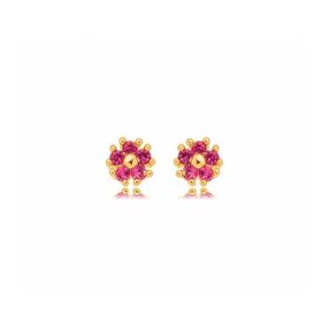 Imagem de Brinco flor pequena rubi banhado a ouro - zircônias - 6mm - VIDIÈ