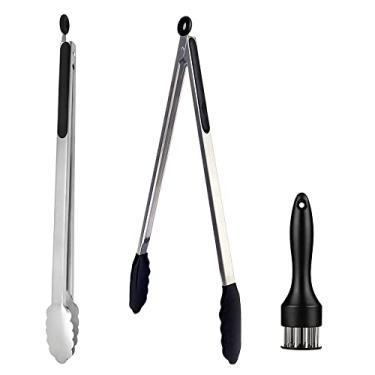 Imagem de UPTALY 2 pinças de churrasco extra longas de 45 cm, 1 amaciante de carne com pontas de perfuração, pinça de comida de tamanho grande com cabeça de silicone, pinças de servir alongadas, para cozinhar, grelhar, churrasco, buffet