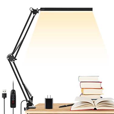 Imagem de ENOCH Lâmpada de mesa com braço oscilante de metal LED com braçadeira, 3 modos de cuidado com os olhos de 14W, 30 modos de brilho, regulável de 30 graus, função de memória/adaptador USB, luminária de mesa de arquiteto para escritório em casa
