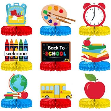 Imagem de 9 peças de centro de mesa de volta às aulas peças centrais de colmeia do primeiro dia de aula, pronto para a escola, decoração de sala de aula para festas escolares