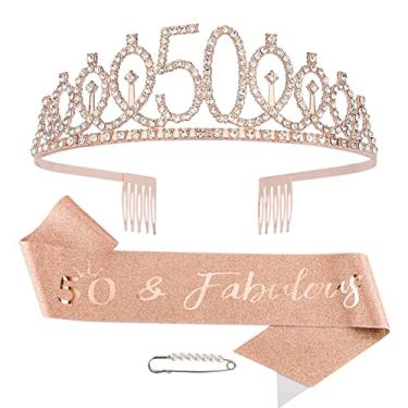 Imagem de Faixa de aniversário de 50 anos e tiara para mulheres, decorações de aniversário de 50 anos, tiaras para mulheres, coroa de rainha de ouro rosa para mulheres, festa de aniversário de 50 anos para convidados