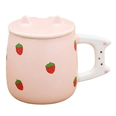 Imagem de seelucky Caneca de morango com tampa colher caneca de coelho 3D copo de café de cerâmica copo de chá de coelho presente de aniversário escritório casa (coelhinho morangos, 350 ml)