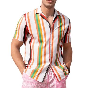 Imagem de OYOANGLE Camisa masculina casual de manga curta com estampa listrada Color Block, Branco laranja multi, P
