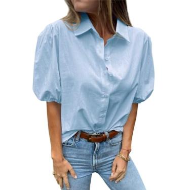 Imagem de Tankaneo Camisas femininas de botão, manga bufante curta, gola e blusa casual elegante, Azul, G