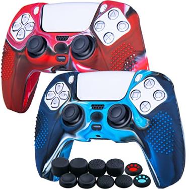 Imagem de Capa de silicone cravejada YoRHa para controle Sony PS5 Dualsense x 2 (vermelho camuflado + azul) com 10 apoios profissionais para polegar