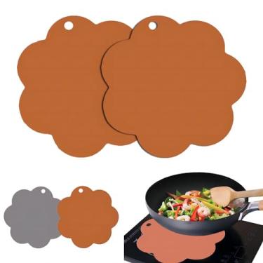 Imagem de FuKuEn Tapetes de silicone para protetor de placa de indução, tapete de proteção de indução resistente ao calor, 2 peças, tapete antiderrapante de indução, poluição, arranhões, formato de flor laranja