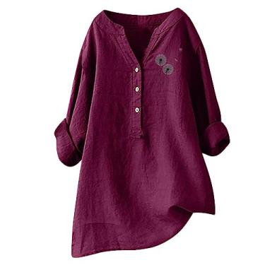 Imagem de Camisas femininas casuais de linho com gola V abotoadas e manga curta, estampa de dente-de-leão, roupa de praia, Rosa choque, 3G