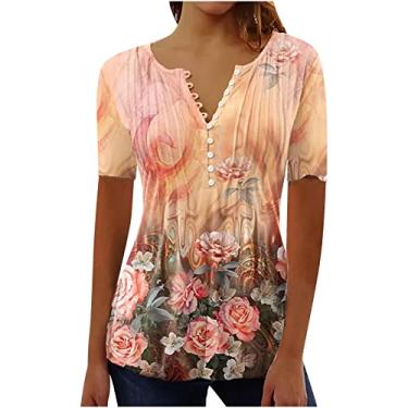 Imagem de MaMiDay Túnica floral feminina gola V abotoada, camiseta de verão manga curta, casual, estampada, pulôver, Marrom, G