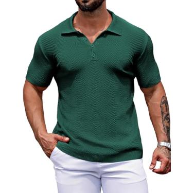 Imagem de URRU Camisa polo masculina de malha de manga curta texturizada pulover camiseta leve de ajuste clássico, Verde escuro, XXG
