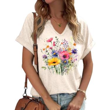Imagem de Camiseta feminina Boho floral gola V verão vintage flores estampadas colorido flores silvestres casual casual camiseta botânica, Damasco - 4, P