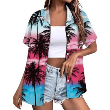 Imagem de Camisetas femininas havaianas abotoadas lapela legal verão praia blusa floral tropical coco gráfico blusa blusa manga curta, Z06 Rosa choque, M