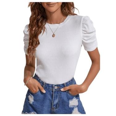 Imagem de SOLY HUX Camiseta feminina de manga curta com gola redonda canelada casual, Branco liso, G