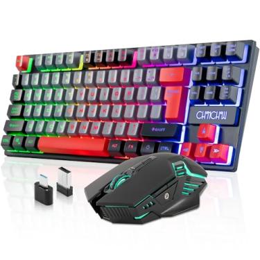 Imagem de CHONCHOW Conjunto de teclado e mouse sem fio recarregável, vermelho/preto/cinza LED retroiluminado RGB 2500 + 500 mAh bateria 3200DPI 2 botões laterais, compatível com Xbox One Slim ps4 Windows Linux