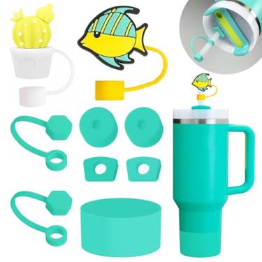 Imagem de Conjunto de acessórios Stanley em silicone: 6 peças de rolha à prova de derramamento, 2 capas de canudo, 1 base de silicone para copos de 1 l e 900 ml (verde-água tropical)