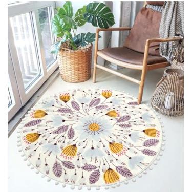 Imagem de Uphome Tapete redondo para quarto 3' círculo bonito tapetes de banheiro com pompons franja floral planta lavável tapetes antiderrapantes macios para pia em pó entrada sala de estar berçário, roxo