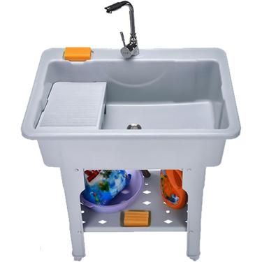 Imagem de Pia de lavanderia Banheira de lavanderia com torneira, pia de lavanderia independente Bacia de limpeza de plástico, bacia de lavagem interna externa para lavar roupas à mão, pia de estação d