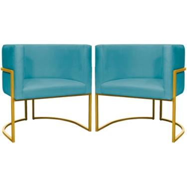 Imagem de Kit 2 Poltronas Decorativa Para Sala Cadeira Recepção Luna Suede Azul Turquesa Base Dourada