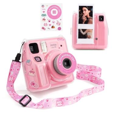 Imagem de HIYQIN Capa transparente Mini SE, capa dura para Fujifilm Instax Mini SE, com alça de ombro e adesivo de desenho animado fofo - rosa Hey Cat