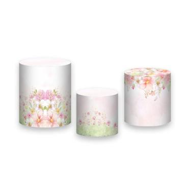 Imagem de Trio de Capas de Cilindro - Flores Rosa com Verde Tons Pastéis 042 - V