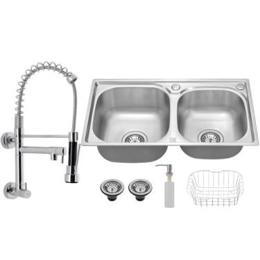 Imagem de Kit Cuba Cozinha Gourmet Dupla C/ Torneira Parede Cromada - Holtter Ho