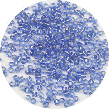 Imagem de Bala&Fillic Grânulos de semente de 4 mm com forro de prata azul, cerca de 1200 peças/100 gramas no saco, 6/0 contas de vidro para artesanato para fazer pulseira e colar (azul forrado com prata)