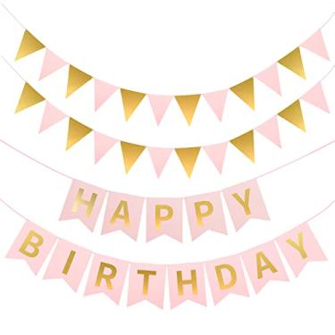 Imagem de Banner de aniversário colorido feliz aniversário guirlanda de bandeiras, 2 bandeiras de galhardete de tecido de feltro cores sortidas para festas de aniversário montadas decorações de festa de aniversário (rosa, dourado)