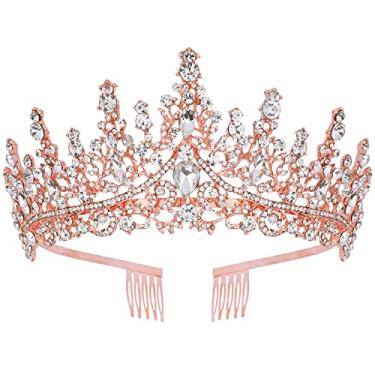 Imagem de CURASA Tiaras e coroas de cristal de ouro rosa com pente coroa de princesa para mulheres strass coroa de casamento para noivas coroas de aniversário para mulheres meninas coroas de rainha real para Custome