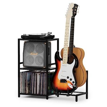 Imagem de YAKANJ Mesa Final com Suporte de Guitarra, Suporte para Toca-Discos, Armazenamento de Discos de Vinil, Suporte de Guitarra de 2 Camadas para Guitarra Acústica, Elétrica, Baixo, Mesa Lateral de Suporte