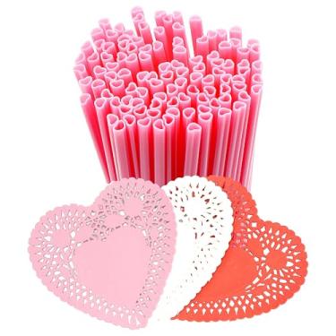 Imagem de 4E's Novelty 50 canudos em forma de coração rosa - canudos descartáveis embrulhados individualmente, canudos de plástico para dia dos namorados, canudos em forma de coração para casamento/chá de bebê