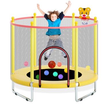 Imagem de Telawah Trampolim de 55" para crianças, mini trampolim para bebês interno/externo com rede de proteção, compartimento de segurança, trampolim ajustável para crianças com cesta de basquete, p