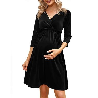 Imagem de FUNJULY Vestido feminino de veludo retrô com decote em V sexy, vestido de festa, vestido de noite, convidada de casamento, Veludo preto 7v, G