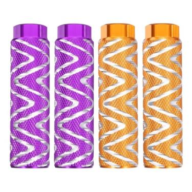 Imagem de HARFINGTON 2 pares de pedais de bicicleta de liga de alumínio traseiros para acrobacias antiderrapantes servem para eixos de 9,5 mm para mountain bike BMX, roxo e amarelo