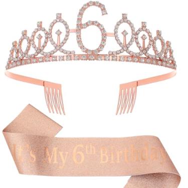 Imagem de Decorações de aniversário de 6 anos para meninas, faixa com glitter em ouro rosa e coroa de strass para decoração de aniversário de meninas de 6 anos, presentes e acessórios ideais de princesa para