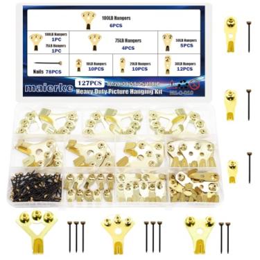 Imagem de maierke Kit de pendurar fotos com 127 peças, ganchos resistentes para pendurar quadros com pregos em madeira e drywall, comporta 4,5 a 45 kg para moldura, tela, relógio, decoração de casa (6 tipos)