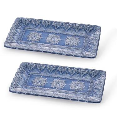 Imagem de Sungmor Louça de jantar fina em relevo, estilo barroco antigo, 35,5 cm de comprimento, retangular de porcelana, conjunto de 2, prato de cerâmica sofisticado para biscoitos de festa, frutas, queijos e