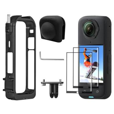 Imagem de Estrutura de alumínio para Insta360 X4, capa protetora para Insta 360 X4 com suporte para sapata fria, dedos dobráveis, tampa de lente de silicone e protetor de tela de vidro temperado 9H