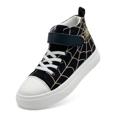 Imagem de Tênis infantil para meninos e meninas, cano alto, de lona, com gancho e laços, leve, desenho animado, casual, tênis de caminhada, Preto, dourado, 12.5 Little Kid