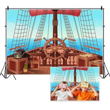 Imagem de Vie Savaran 2,4 x 1,8 m Fundo de navio pirata verão bússola náutica vela deck de madeira azul oceano tesouro fotografia fundo luau aniversário aventura festa casamento estúdio foto adereços poliéster