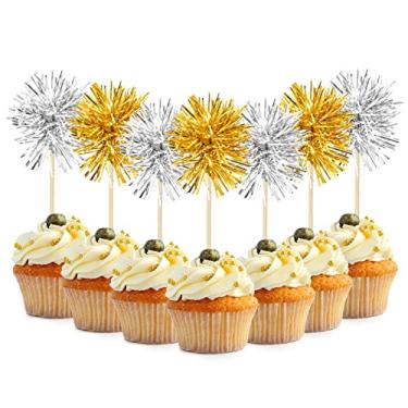 Imagem de HOKPA Toppers de cupcake de fogos de artifício, 100 peças de enfeite de cupcake de formatura palitos de bolo de festa palitos de dente para férias, despedida de solteira, noivado, formatura,
