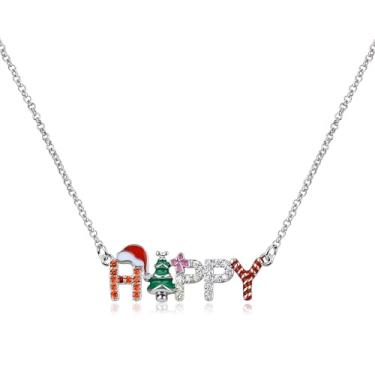 Imagem de Colar com pingente de Natal HOHOHO vermelho banhado a ouro 14 K fofo zircônia cúbica Happy Christmas com pingente de carta de Natal esmaltado, chapéu de Papai Noel, laço de chifre de rena, ajustável,