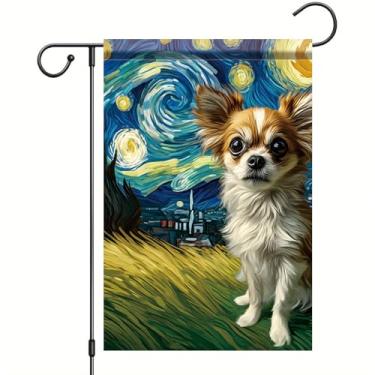 Imagem de Starlit Patio Chihuahua Welcome Primavera Verão Jardim Bandeira 30,5 x 45,7 cm Dupla Face Estrelada Noite Chihuahua Cachorro Quintal Casa Bandeiras Exteriores Decoração de Gramado