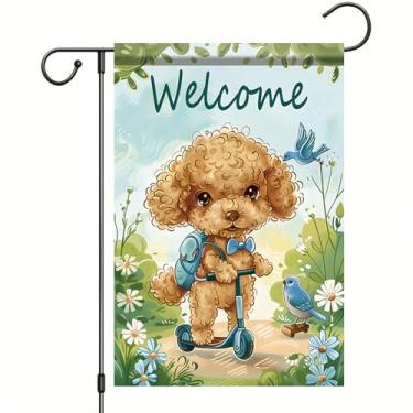 Imagem de Starlit Patio Bem-vindo primavera verão jardim bandeira fofa cachorro poodle jardim bandeira 30,5 x 45,7 cm decoração dupla face primavera scooter poodle flores pássaros fazenda quintal gramado