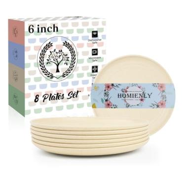 Imagem de Jogo de 8 pratos de jantar Homienly, pratos de palha de trigo, leves, inquebráveis, mini pratos de sobremesa, pratos infantis para lanches, bolos, 15 cm – bege