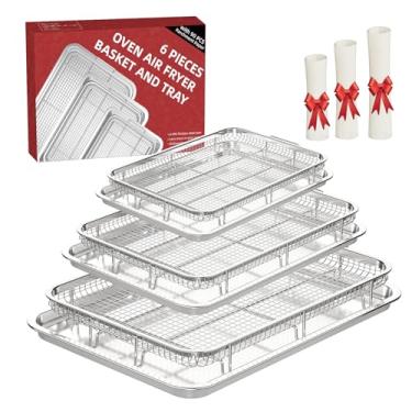 Imagem de THORSES cesta de fritadeira de ar para forno, 3 conjuntos de cesta de fritadeira de ar e conjunto de bandeja com papéis de pergaminho de 90 unidades, frigideira de aço inoxidável antiaderent
