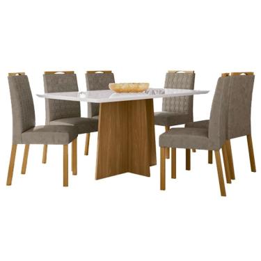 Imagem de Mesa de Jantar Anitta 160x90 cm com Vidro Ype Off White e 6 Cadeiras Mariana Ype Camurça Marrom – New Ceval