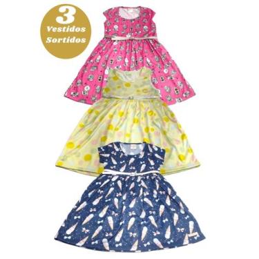 Imagem de Kit 3 Vestidos Infantil Menina Juvenil Verão Meia Malha Confortável Es