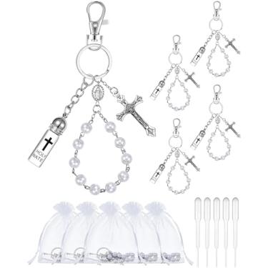 Imagem de Blushtier Conjunto de 5 chaveiros de água benta, presente a granel com rosário, crucifixo, sacos de organza, conta-gotas, garrafas de água benta, recipientes para lembrancinha de festa de primeira